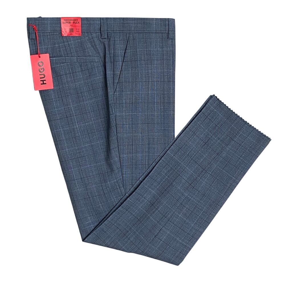 Hugo Boss Dress Pant Men's 40x34 Modern Fit Raw Hem Wool Stretch Blue Plaid NEW